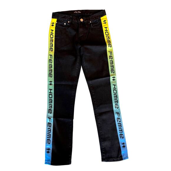 NWT HOMME + FEMME Denim Wear Black Jeans Gradient Side Logo Yellow to Blue 28 - Picture 1 of 9